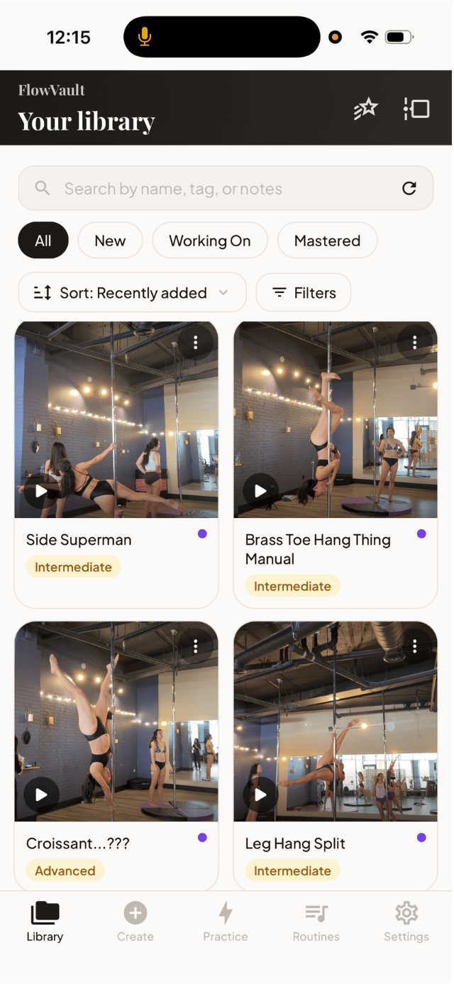FlowVault library — Side Superman, Brass Toe Hang Thing Manual, Croissant, Leg Hang Split