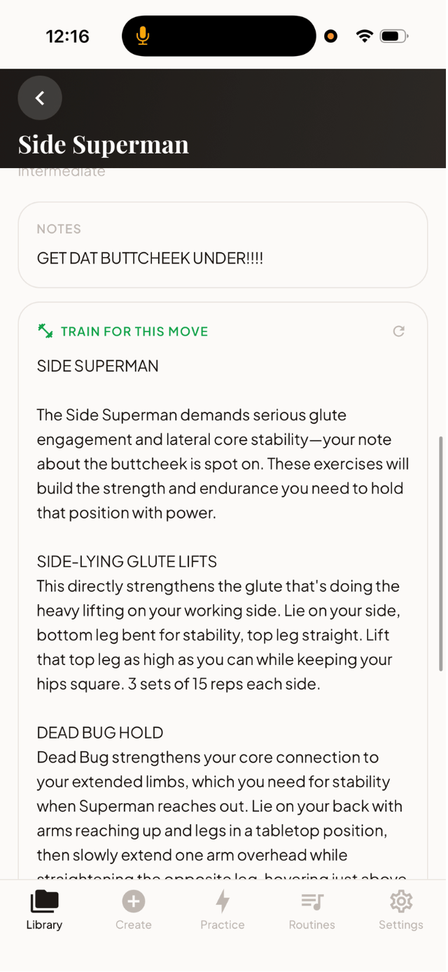 Side Superman move detail — your notes plus suggested conditioning drills