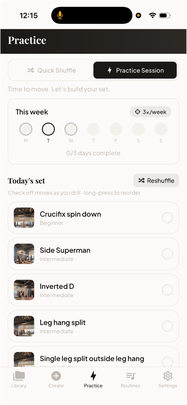 FlowVault Practice — weekly goal tracker and today's set