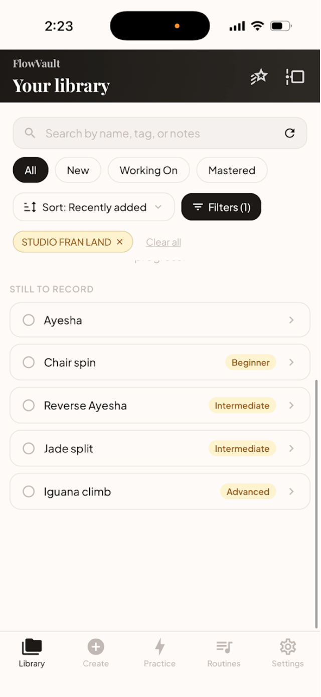 Student view of an assigned studio curriculum — moves from your teacher in your FlowVault library