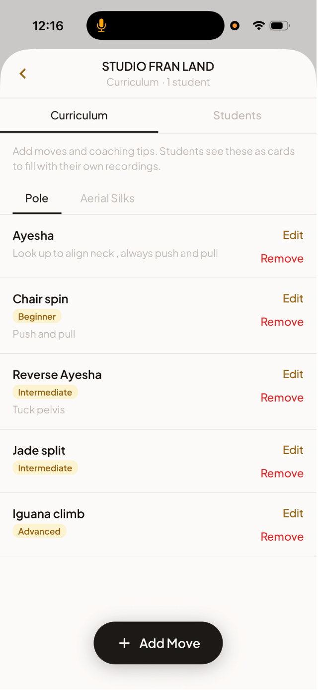 Teacher view — manage your studio's curriculum and roster